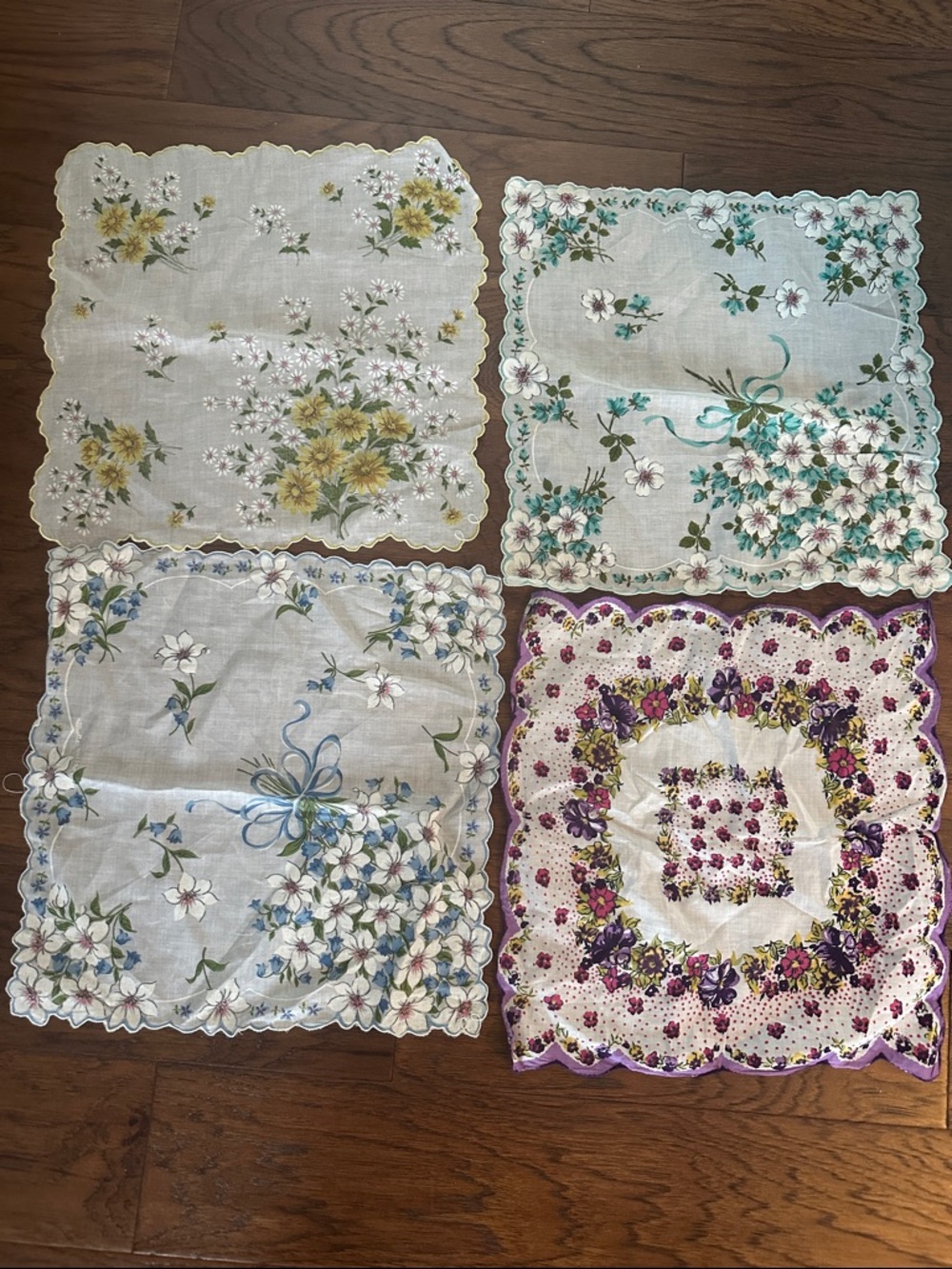 Vintage Floral set of 4 Scalloped Handkerchief - Purple, Pink, Yellow